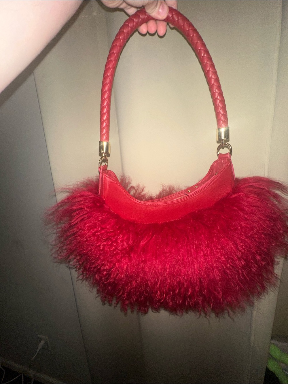 Mary Norton hobo bag Mongolian lamb fur woven shoulder strap red whimsical - Picture 3 of 4